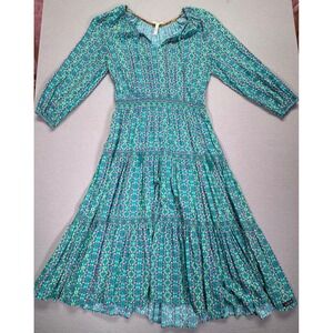 Matilda Jane Women's L Floral Tiered Peasant Dress Green Purple Boho Keyhole Tie